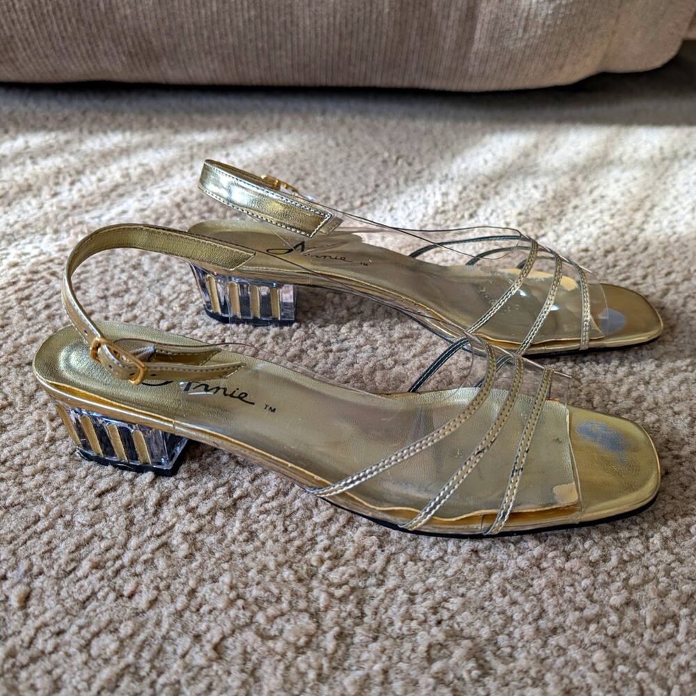Annie Gold/Clear Synthetic Strappy Square Toe Ankle Strap Buckle Heels 10